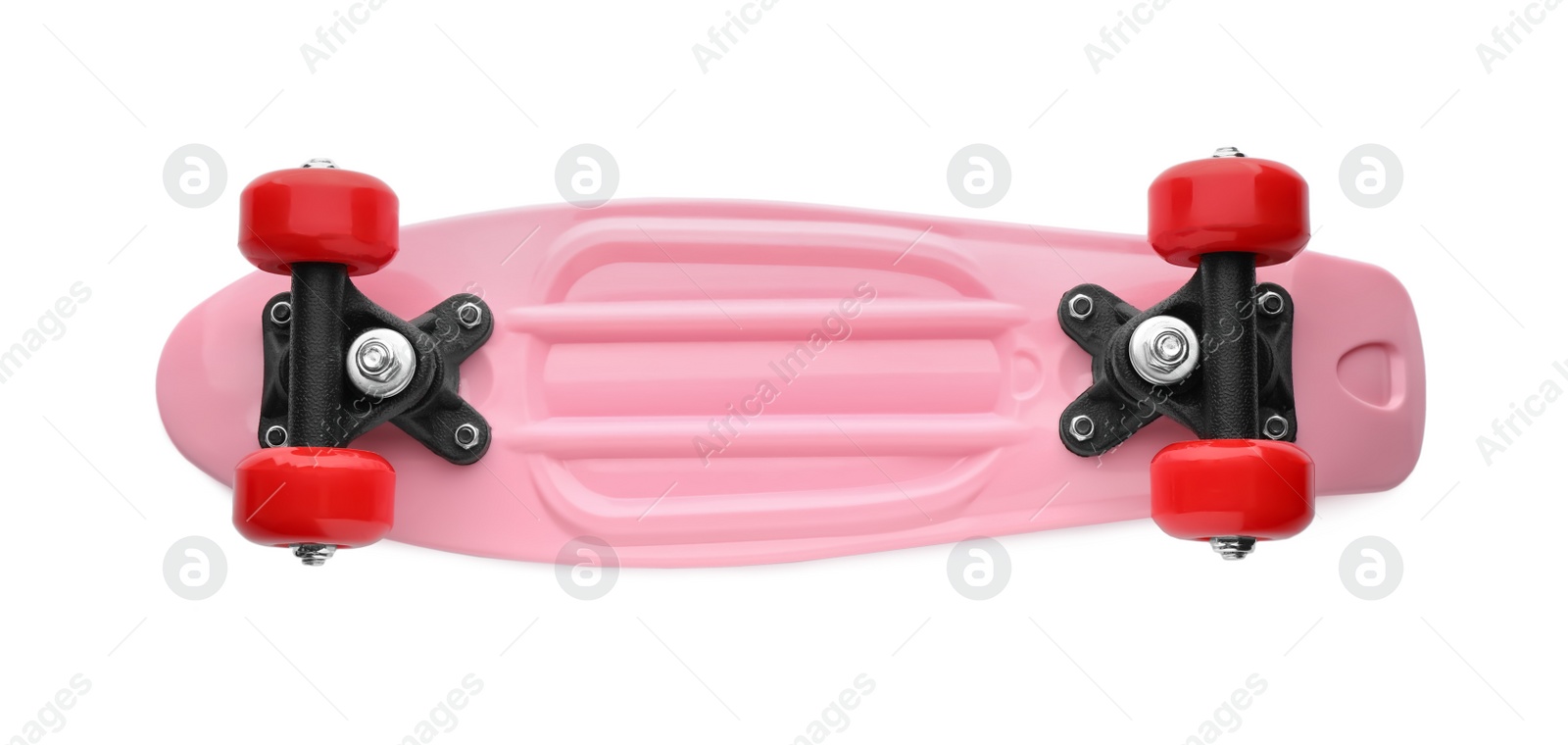 Photo of Pink skateboard with red wheels isolated on white, top view. Sport equipment