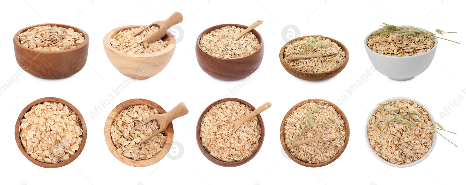 Image of Rolled oats in bowls isolated on white, side and top views