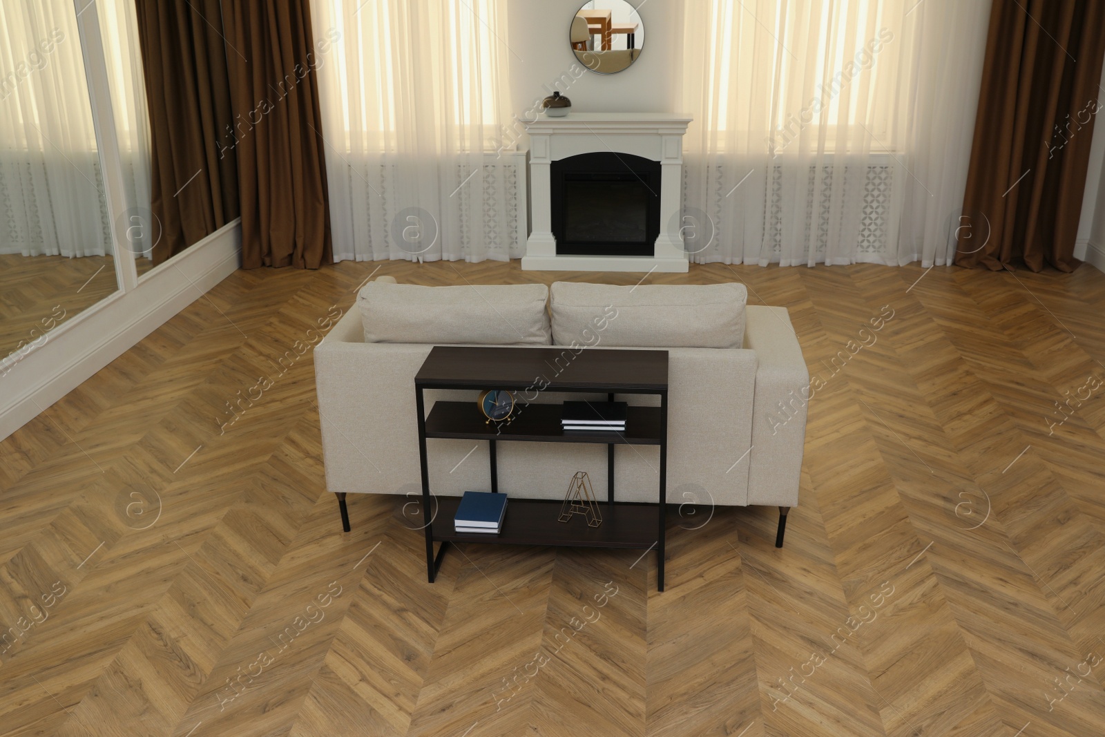 Photo of Modern living room with parquet flooring and fireplace