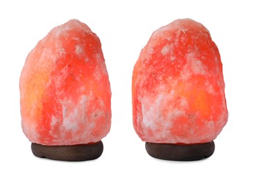 Pink Himalayan salt lamps on white background, collage