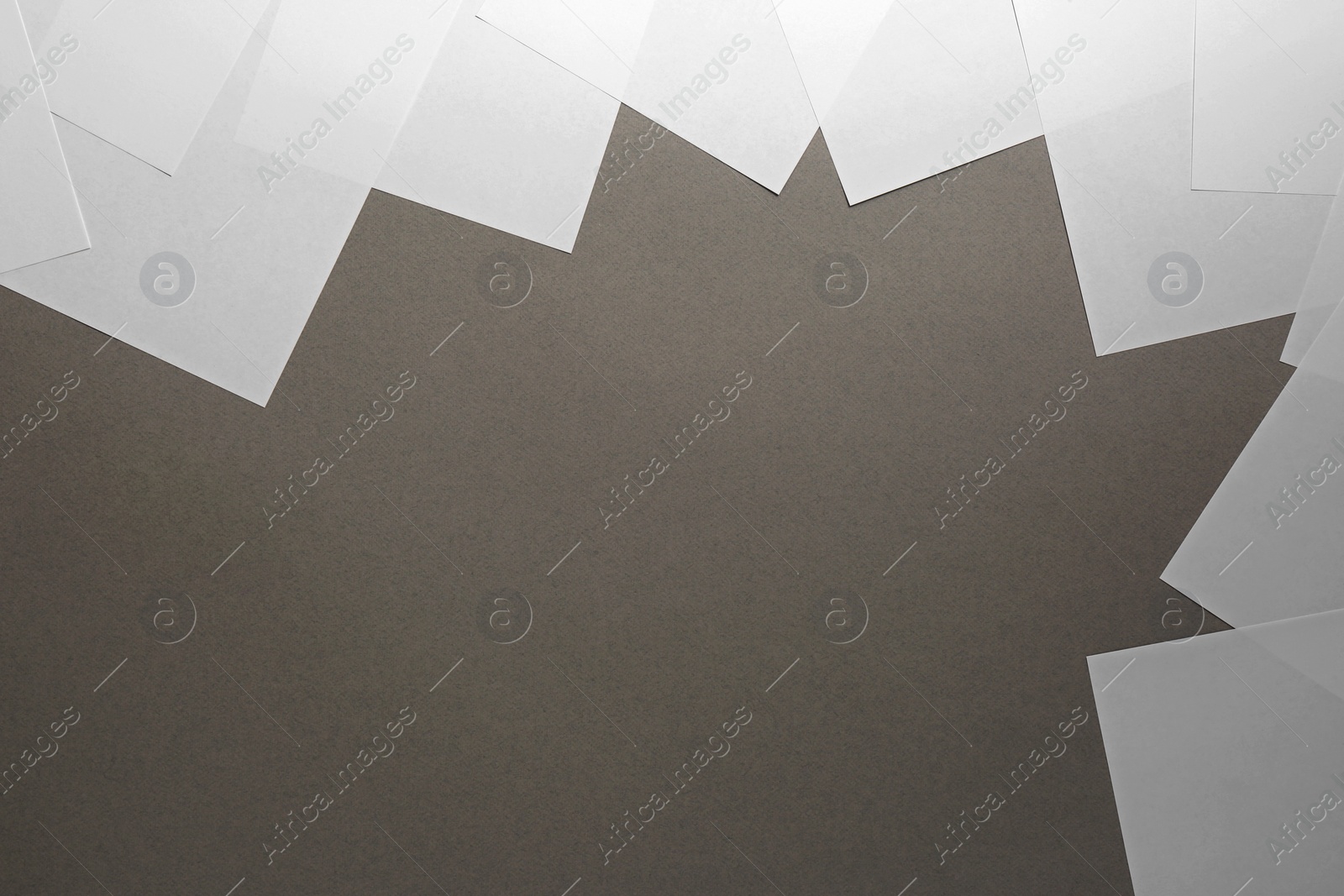 Photo of Blank white paper sheets on grey background, flat lay. Space for text