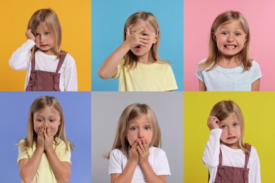 Collage with photos of embarrassed little girl on different color backgrounds