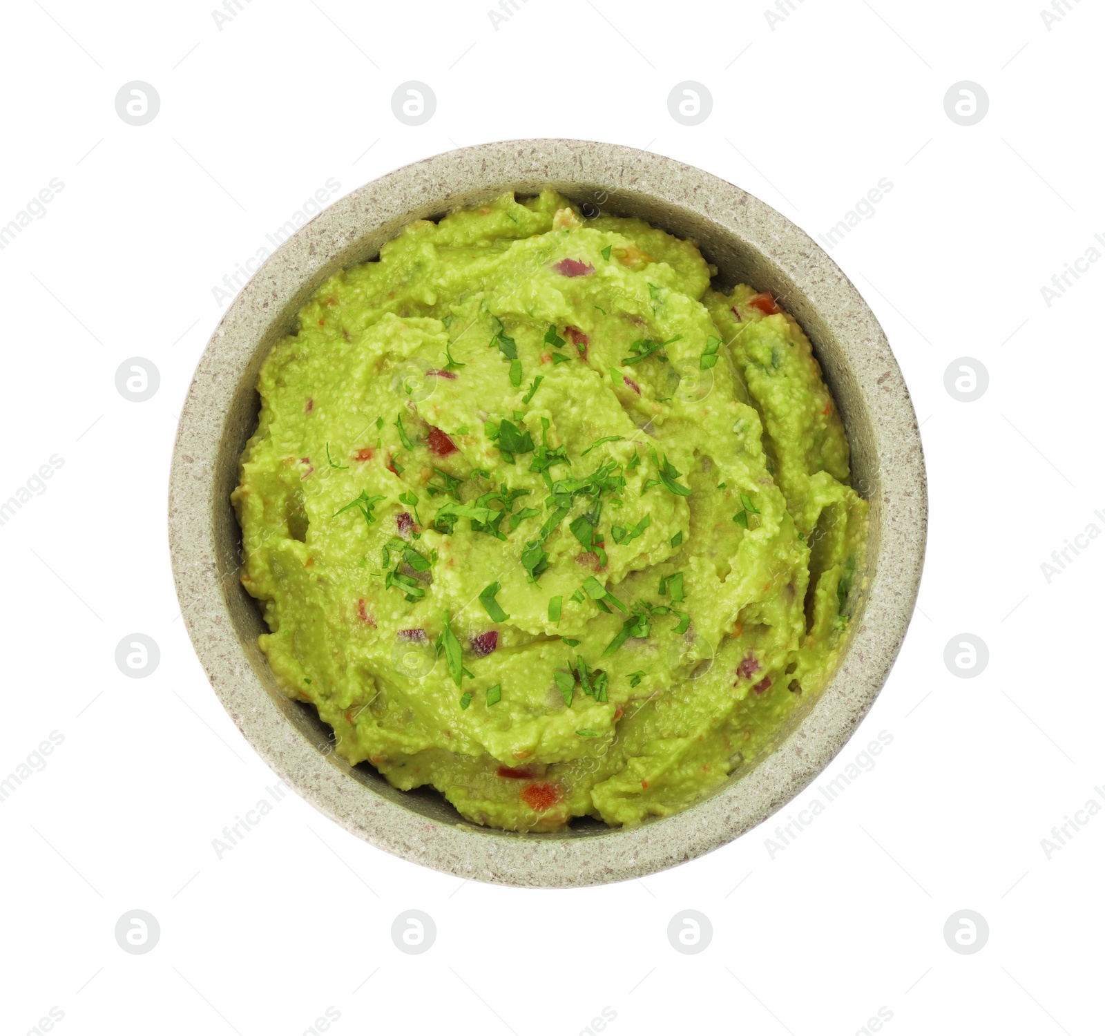 Photo of Bowl of delicious guacamole isolated on white, top view