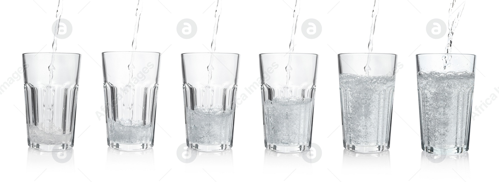 Image of Pouring soda water into glasses on white background, collage. Banner design