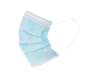 Photo of Disposable face mask isolated on white. Protective measures during coronavirus quarantine