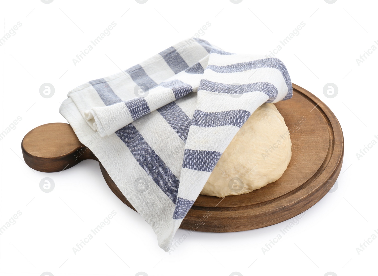 Photo of Fresh yeast dough and towel isolated on white