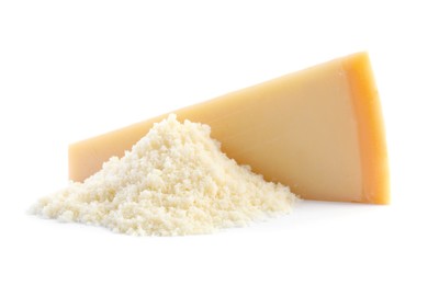 Photo of Whole and grated parmesan cheese on white background