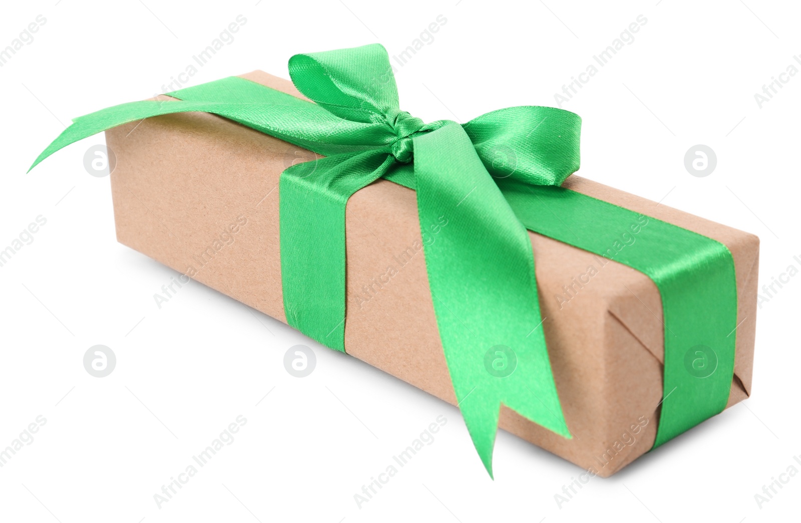 Photo of Gift box with green bow isolated on white