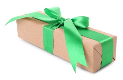 Photo of Gift box with green bow isolated on white