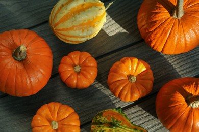 Photo of Many whole ripe pumpkins on wooden table, flat lay