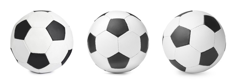 Image of Set with soccer balls on white background, banner design. Football equipment