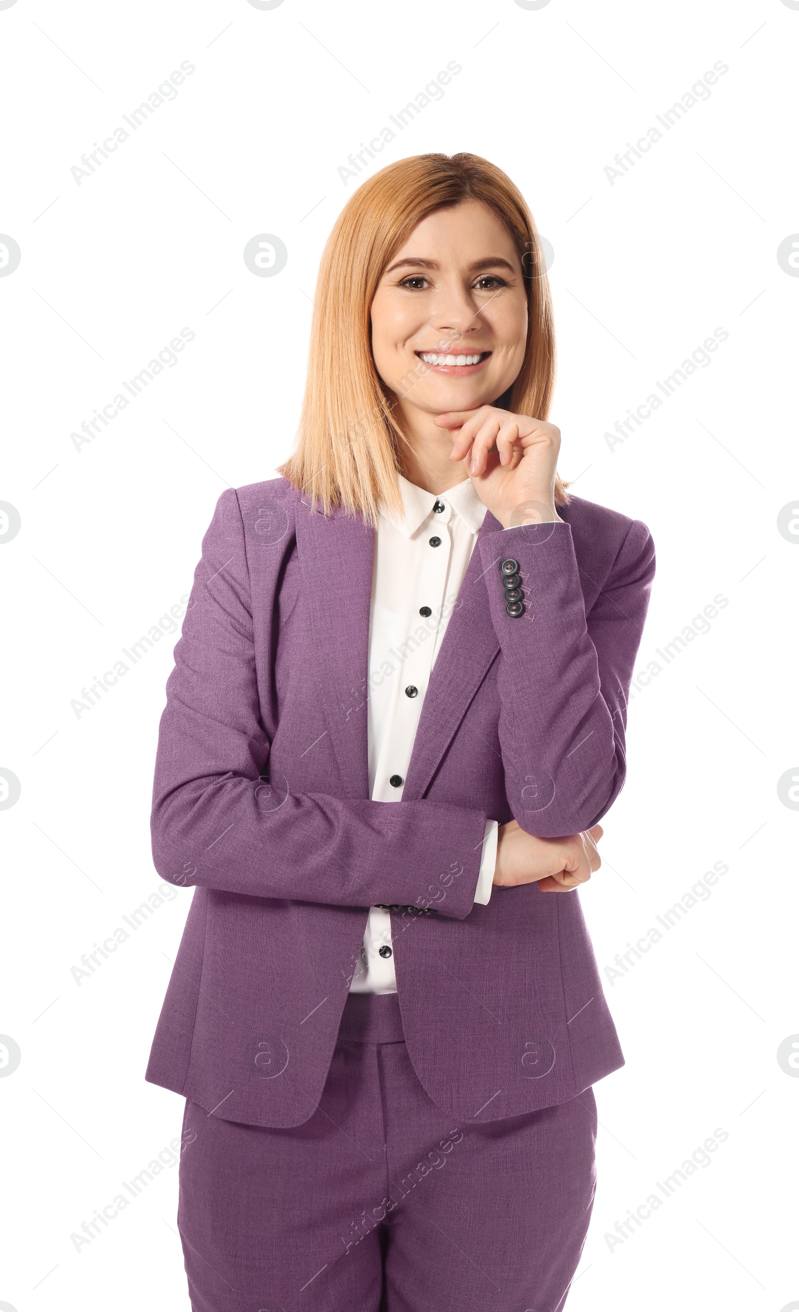 Photo of Portrait of successful businesswoman posing on white background