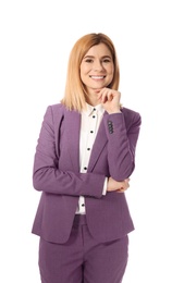 Portrait of successful businesswoman posing on white background