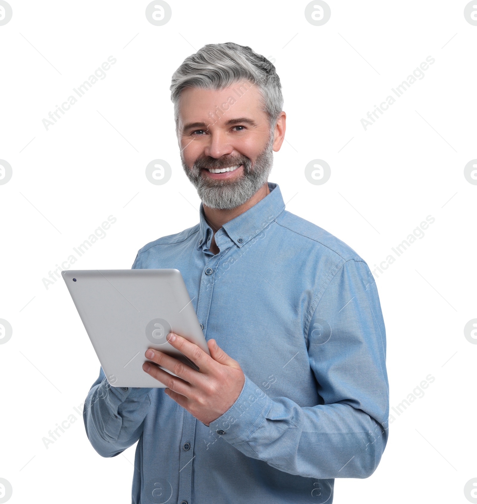 Photo of Mature businessman in stylish clothes with tablet on white background