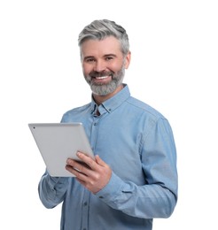 Mature businessman in stylish clothes with tablet on white background