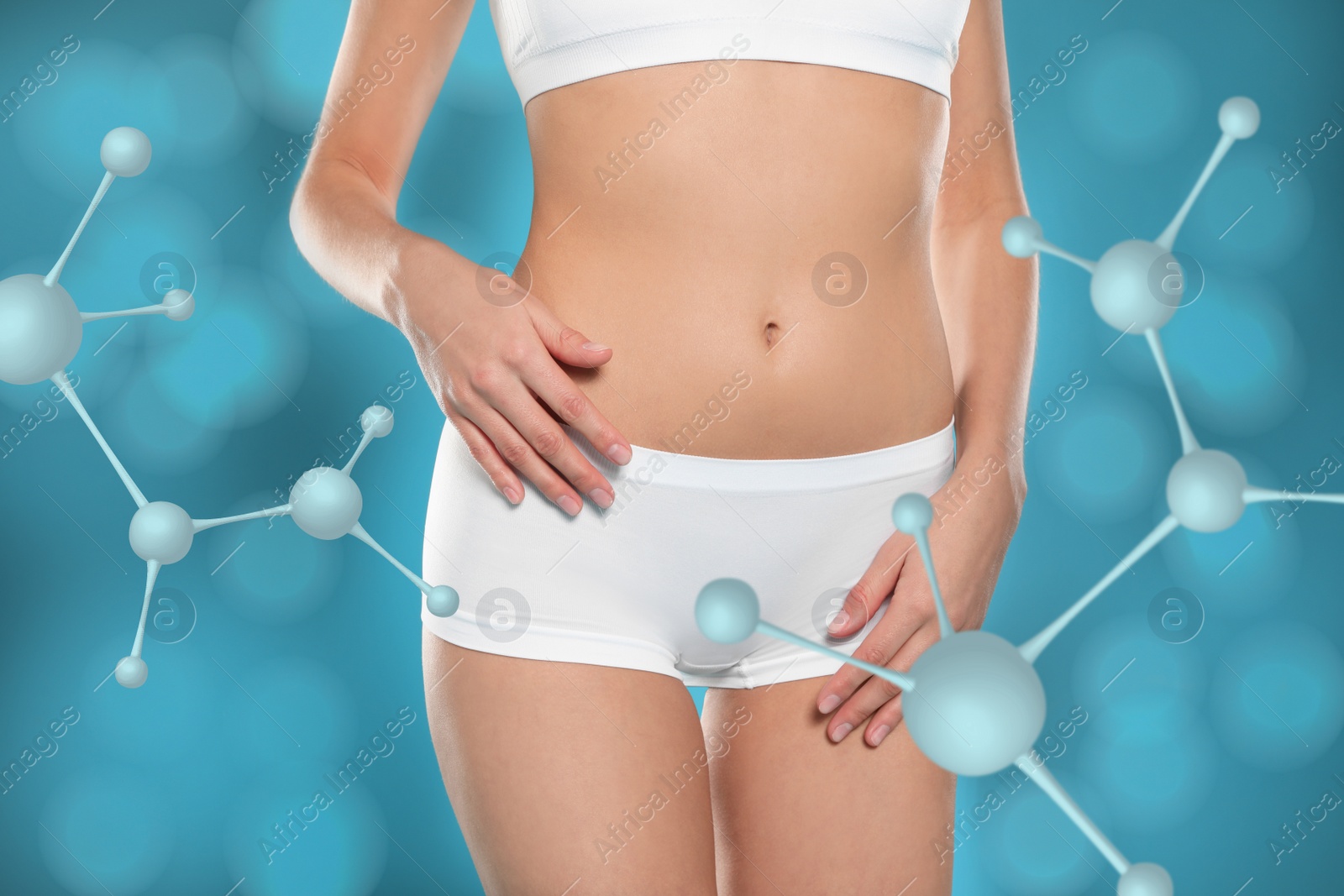 Image of Metabolism concept. Woman with slim body and molecular chains on blue background, closeup 