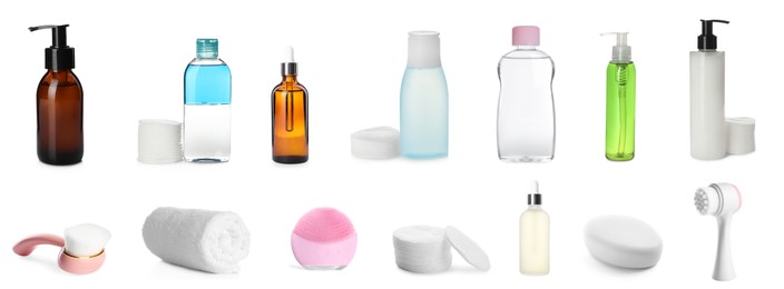 Image of Set with cosmetic products and tools for cleansing on white background. Banner design