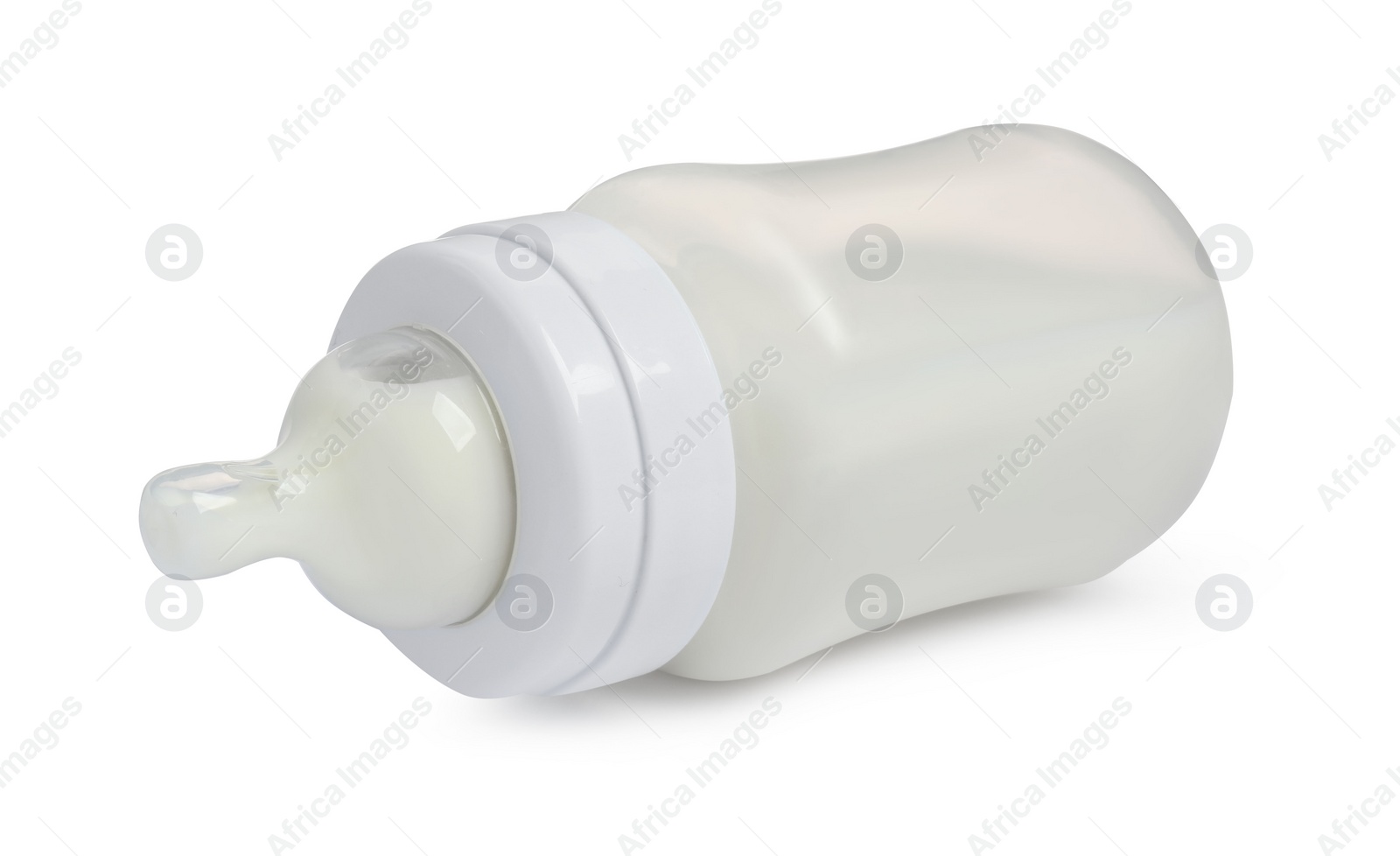 Photo of One feeding bottle with infant formula on white background