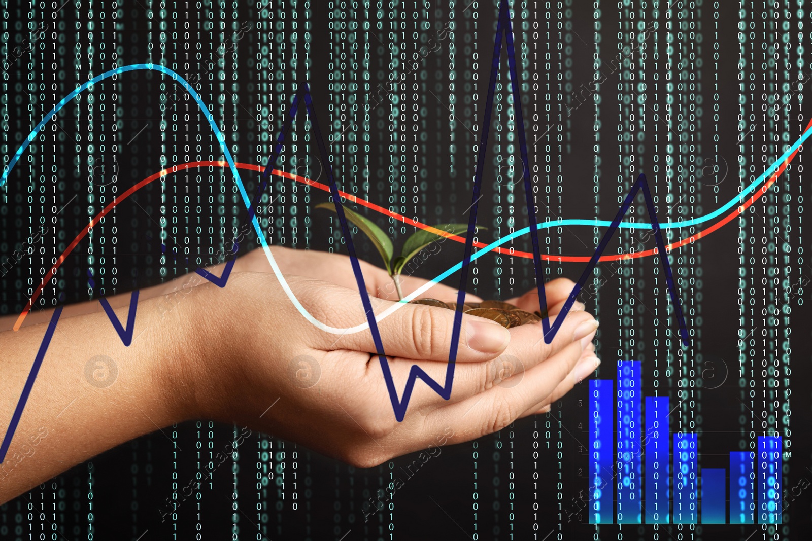 Image of Woman with coins and green plant on black background, closeup. Energy savings