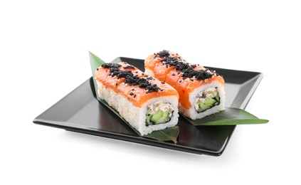 Photo of Plate with delicious sushi rolls on white background