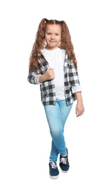 Photo of Full length portrait of little girl on white background