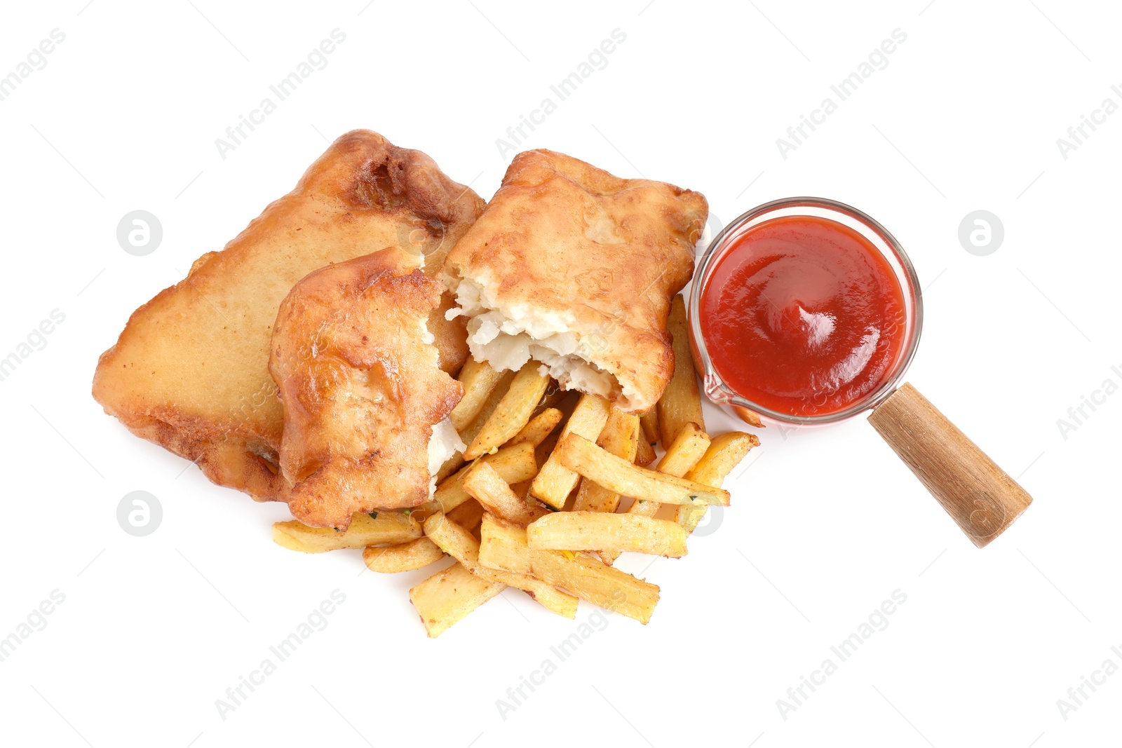 Photo of Tasty fish, chips and sauce isolated on white, top view