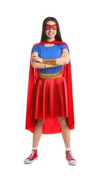 Photo of Confident young woman wearing superhero costume on white background