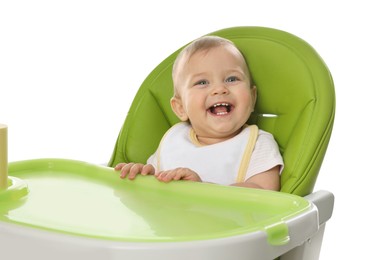 Photo of Cute little baby wearing bib in highchair on white background