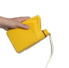 Photo of Man pouring motor oil from yellow container on white background, closeup
