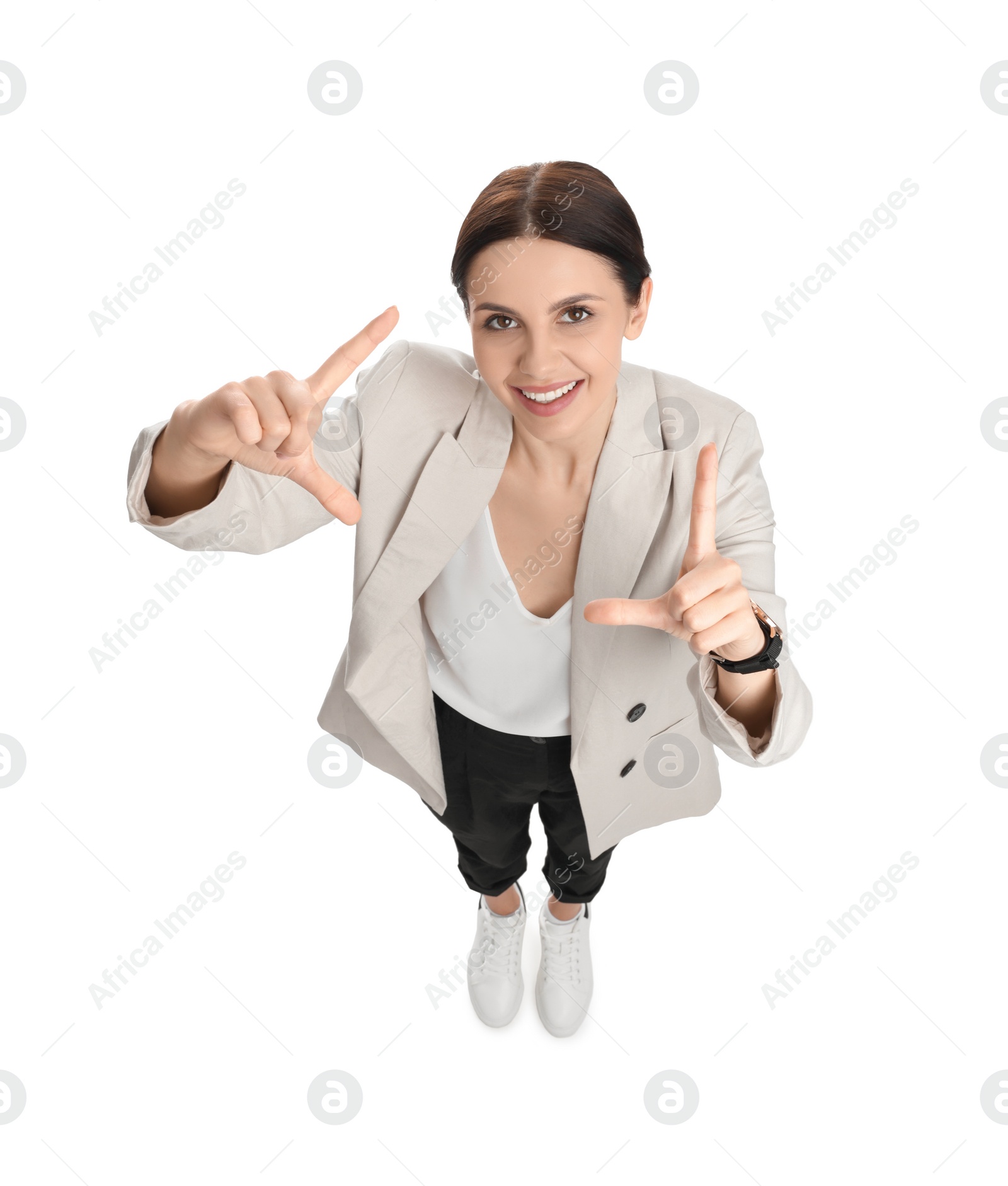 Photo of Beautiful businesswoman in suit on white background, above view