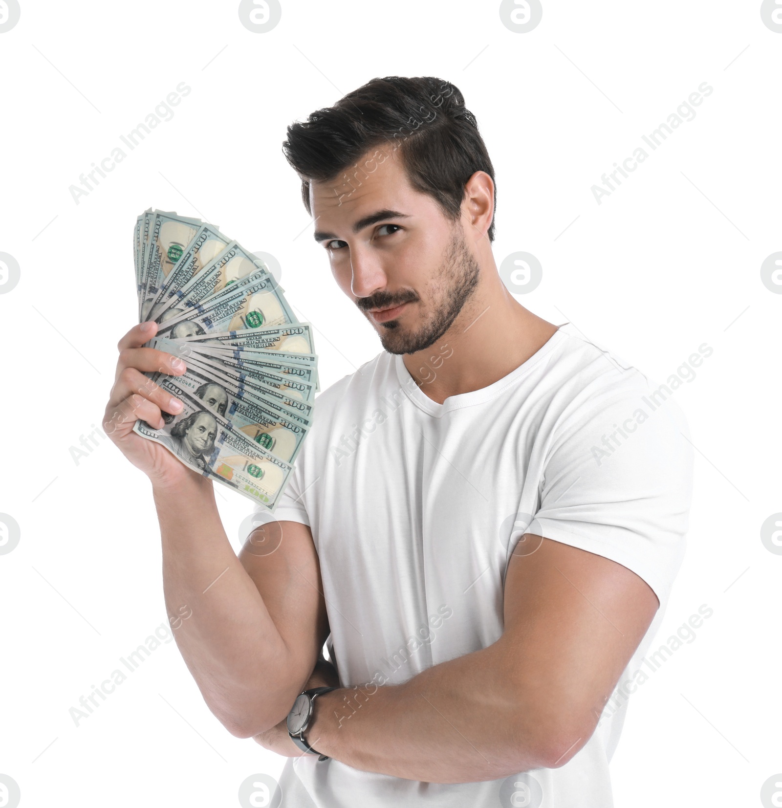 Photo of Handsome young man with dollars on white background