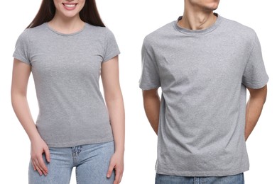 Image of People wearing grey t-shirts on white background, closeup. Mockup for design