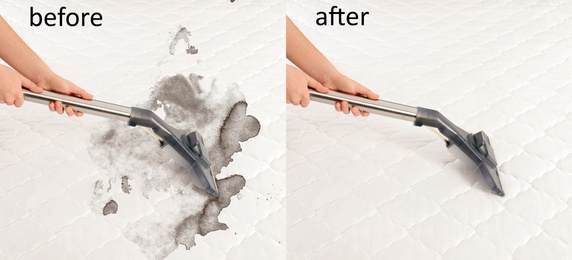 Woman disinfecting mattress with vacuum cleaner, closeup. Before and after cleaning