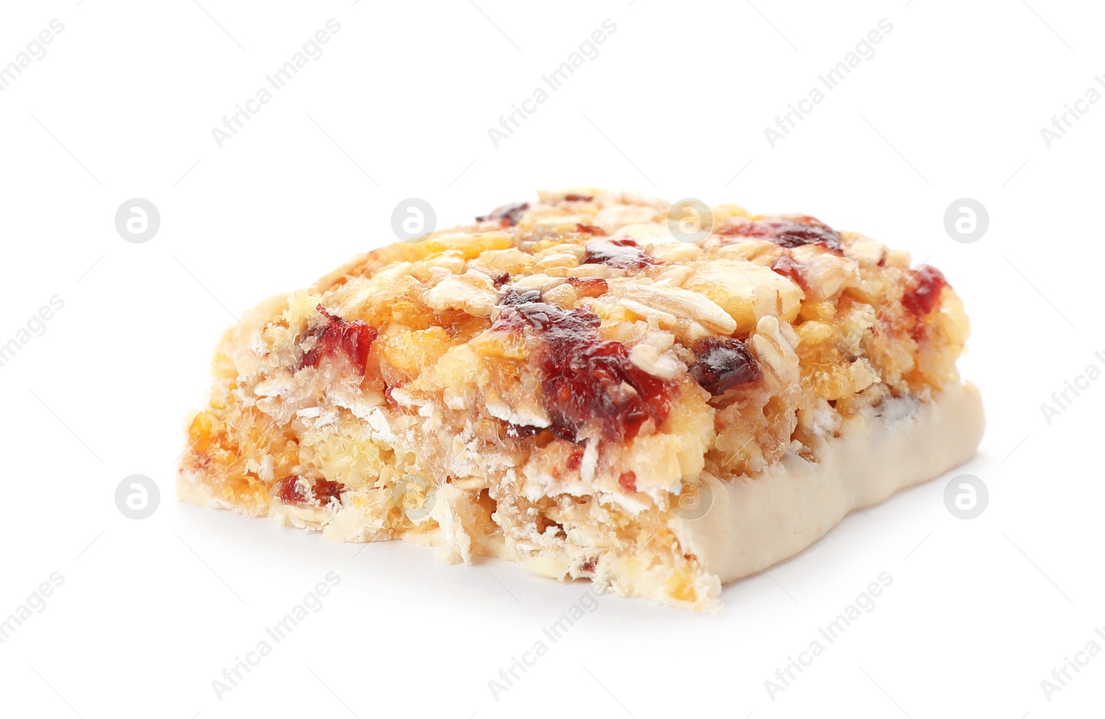 Photo of Piece of tasty protein bar on white background