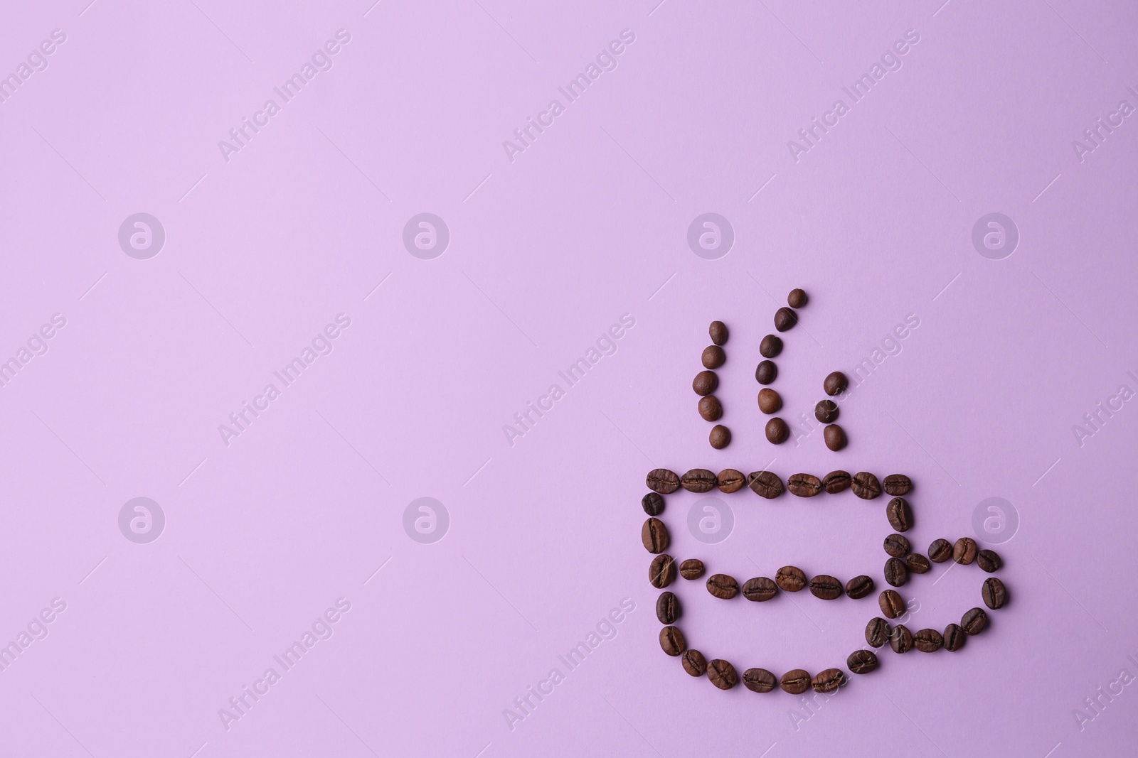 Photo of Cup made of coffee beans on lilac background, flat lay. Space for text