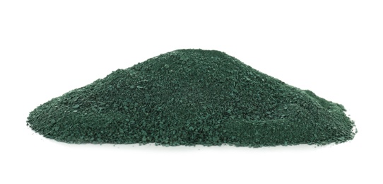 Photo of Heap of spirulina algae powder on white background