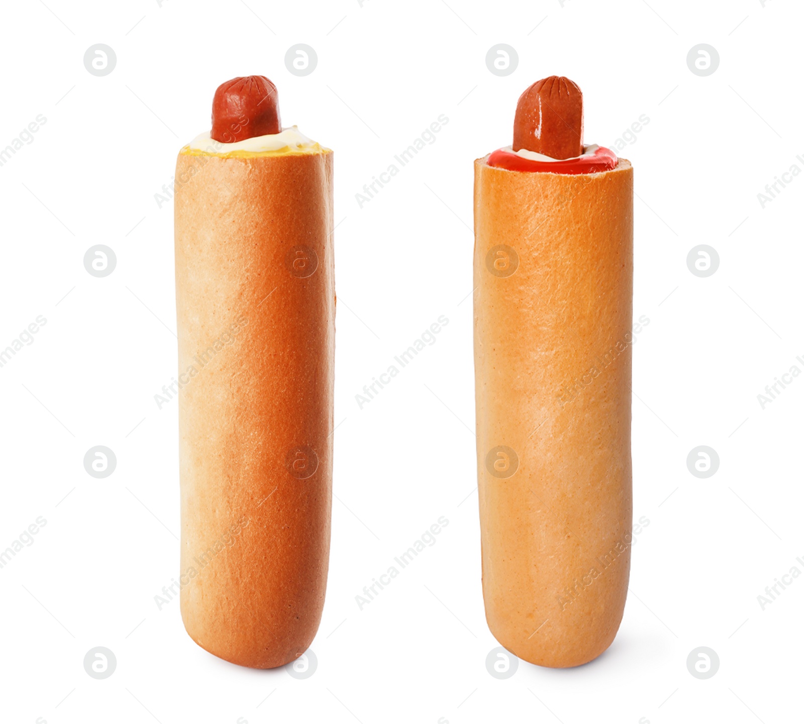 Image of French hot dogs with different sauces isolated on white