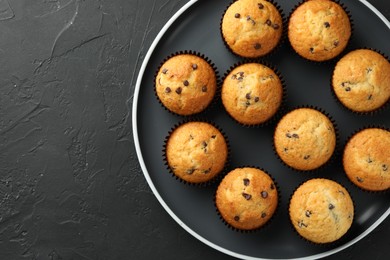 Delicious freshly baked muffins with chocolate chips on dark gray table, top view