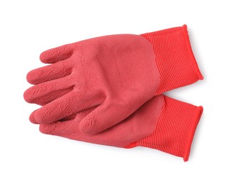 Pair of red gardening gloves isolated on white, top view