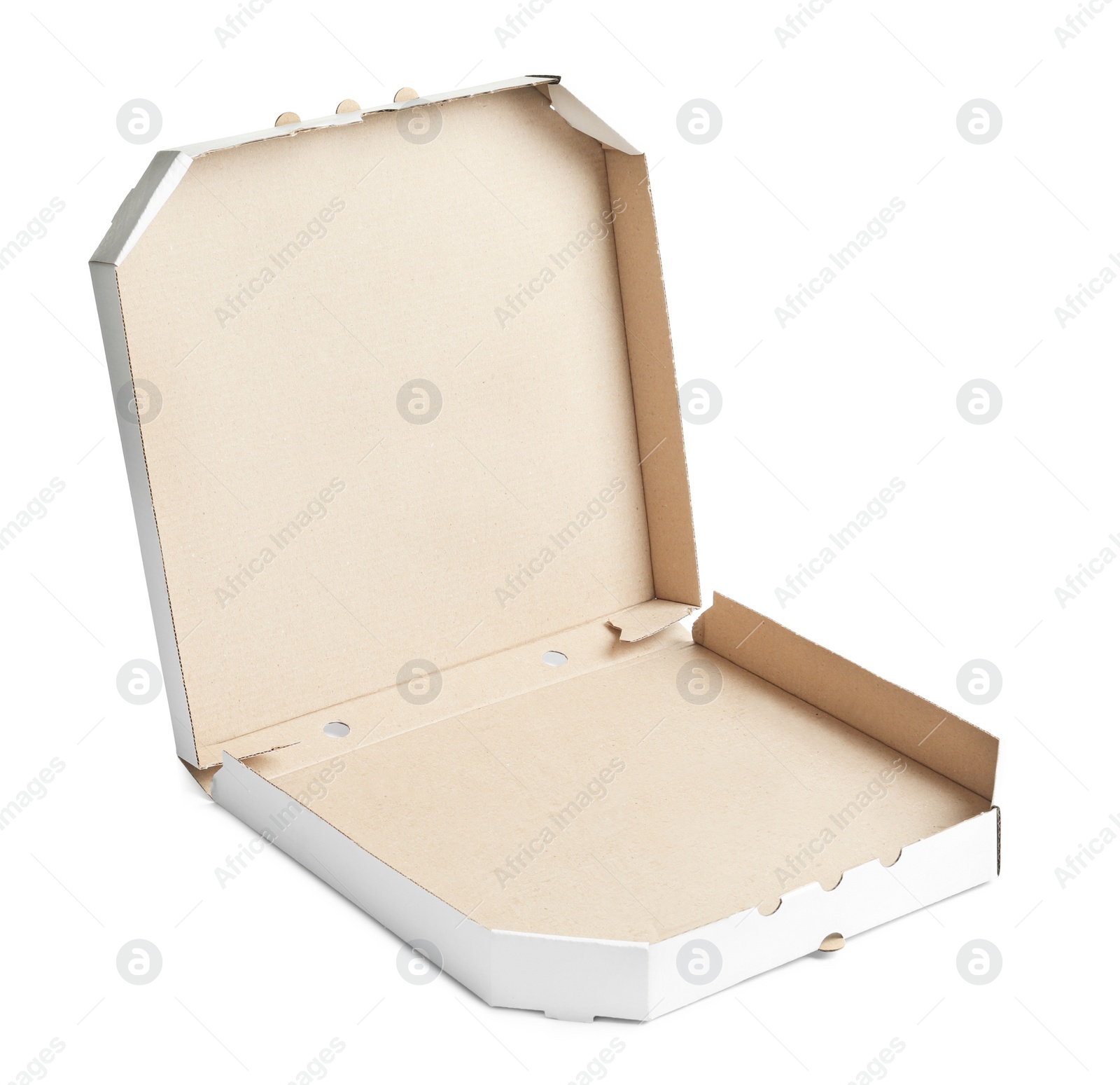 Photo of Open cardboard pizza box on white background