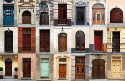 Image of Collage with photos of old buildings with elegant wooden front doors