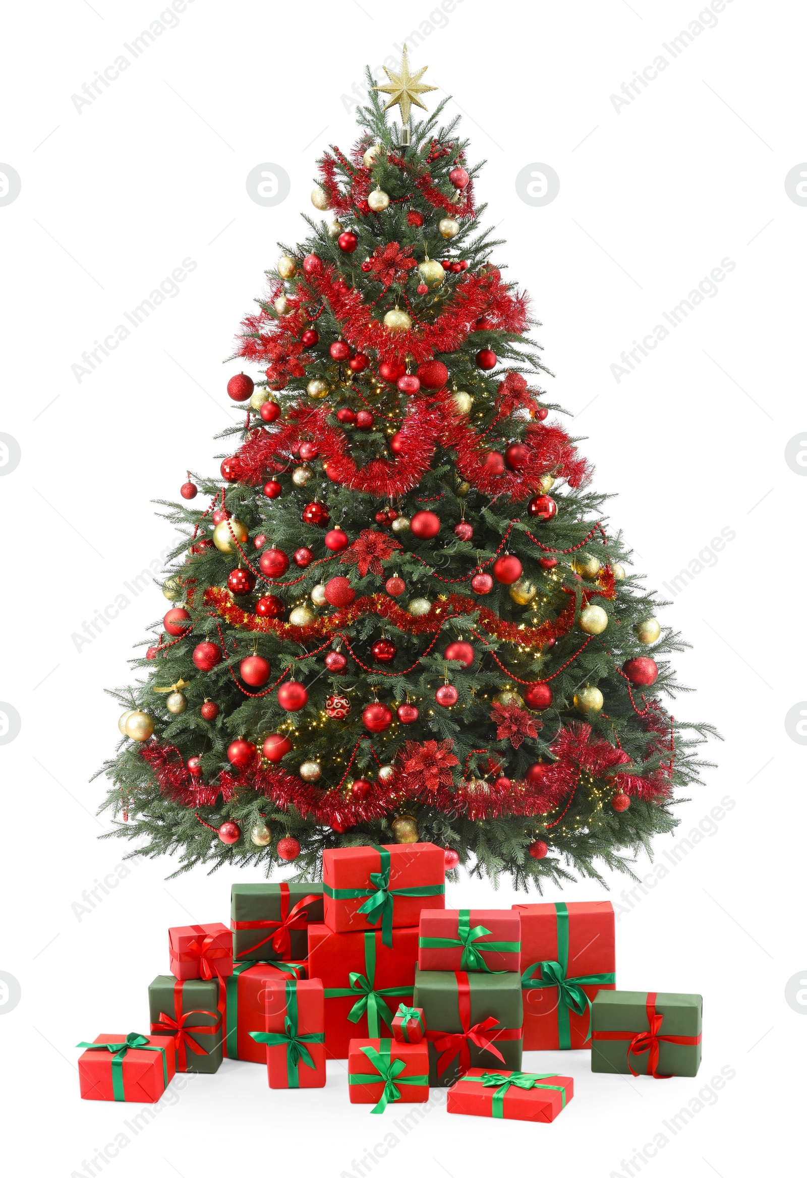 Photo of Beautiful decorated Christmas tree and gift boxes isolated on white