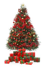 Beautiful decorated Christmas tree and gift boxes isolated on white