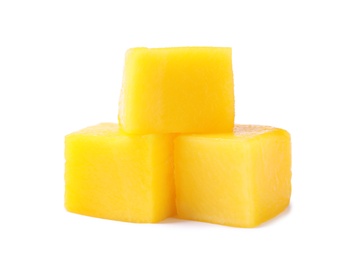 Photo of Fresh juicy mango cubes isolated on white