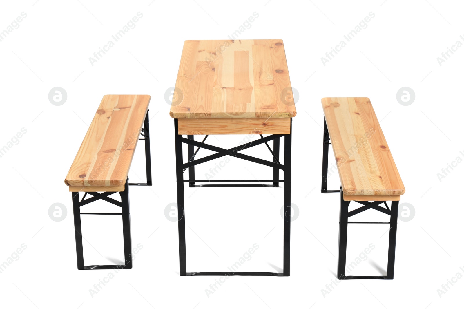 Photo of Wooden picnic table with benches isolated on white