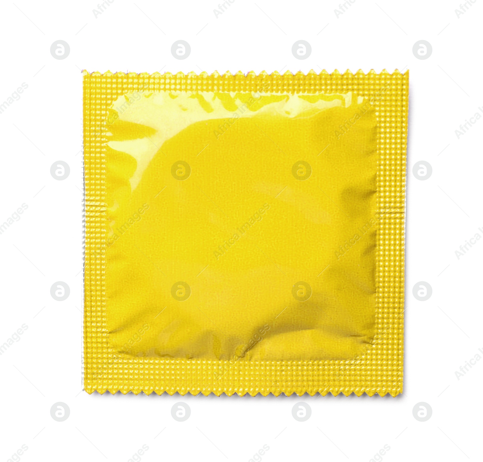 Image of Yellow condom package on white background, top view. Safe sex