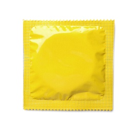 Yellow condom package on white background, top view. Safe sex