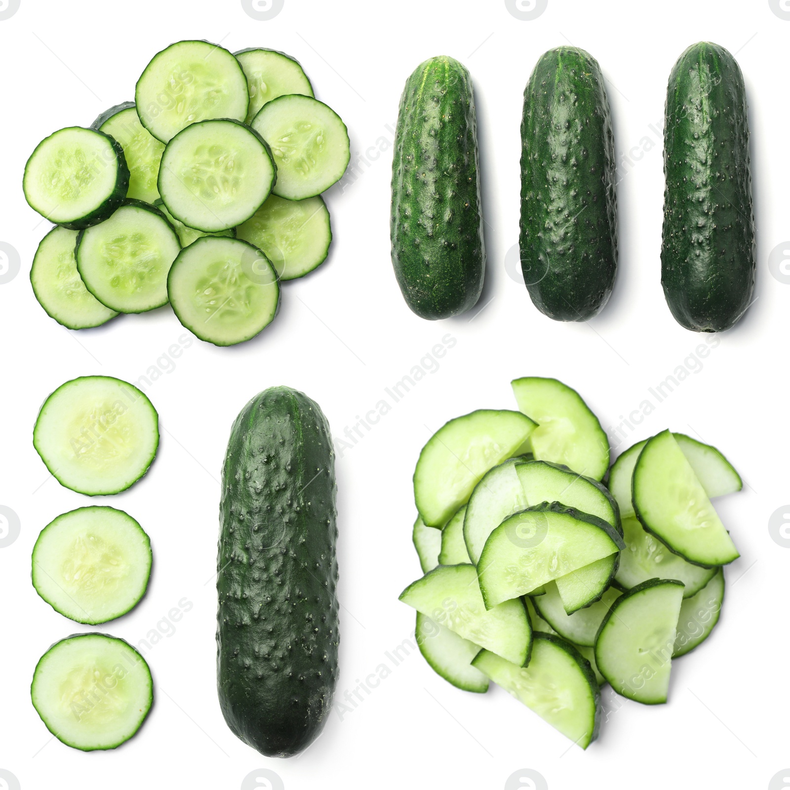 Image of Set with sliced cucumbers on white background, top view