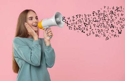 Woman using megaphone on pink background. Letters flying out of device