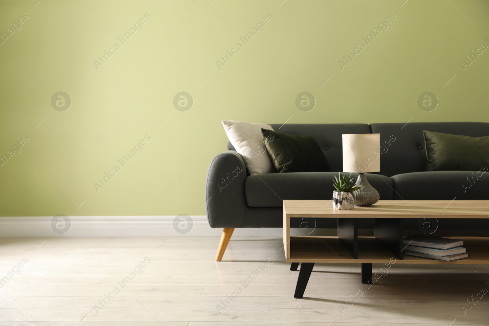 Photo of Stylish comfortable sofa in room, space for text. Interior design